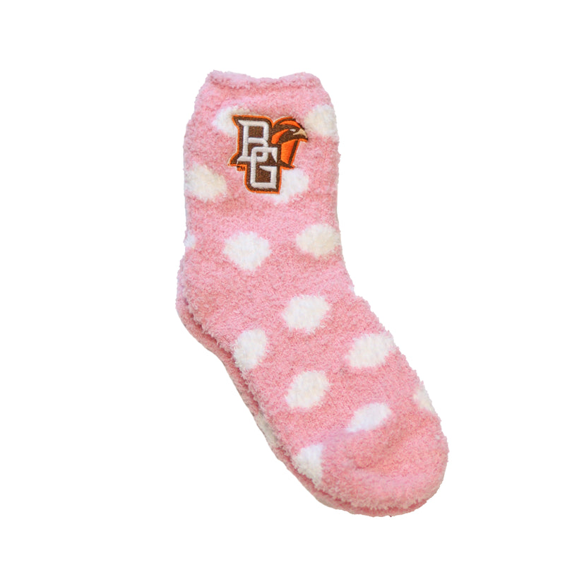 BGSU Fuzzy Socks Pink With White Polka Dots